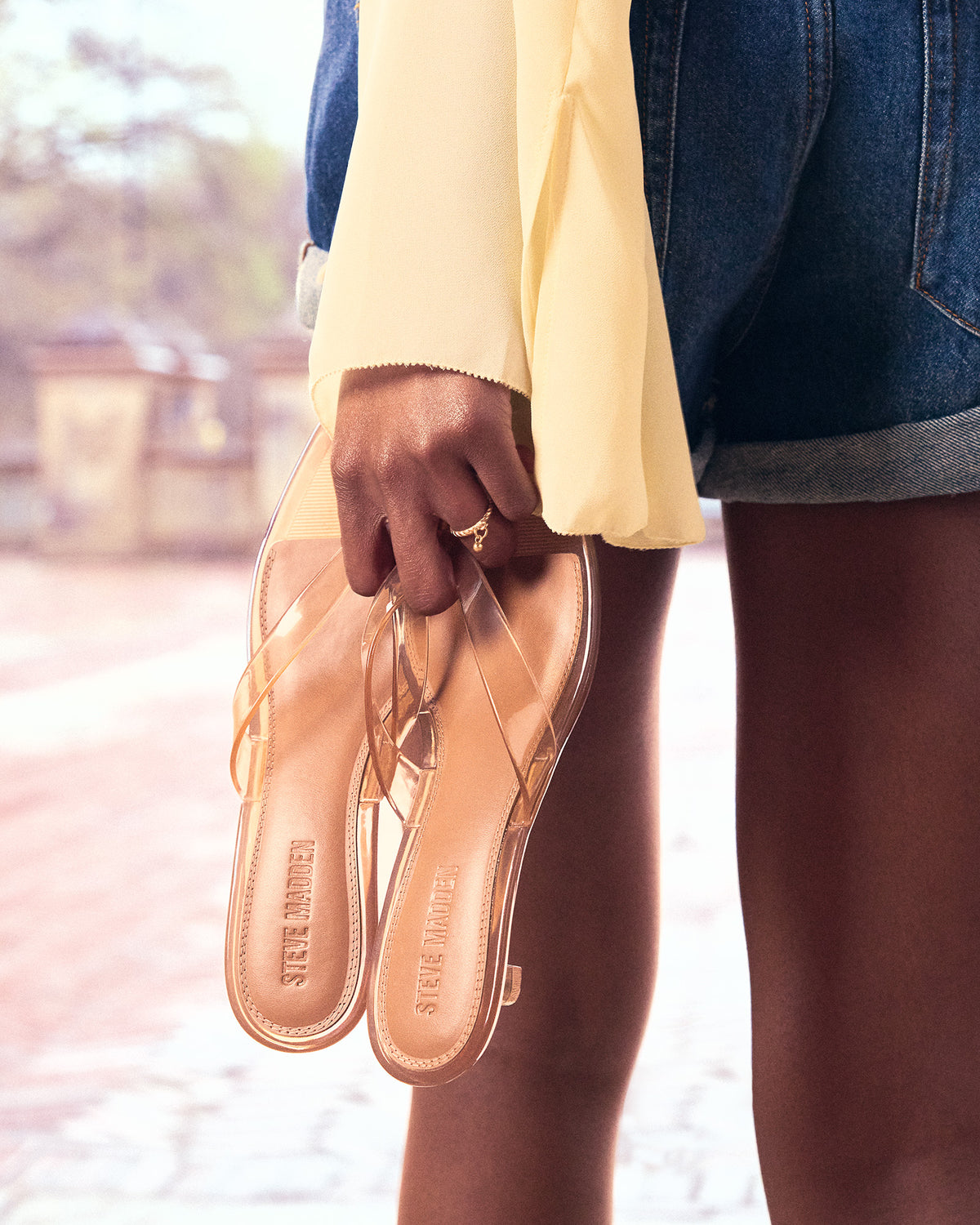 TRACIE Jelly Tan Thong Strap Women's Kitten Heel | Steve Madden Featured