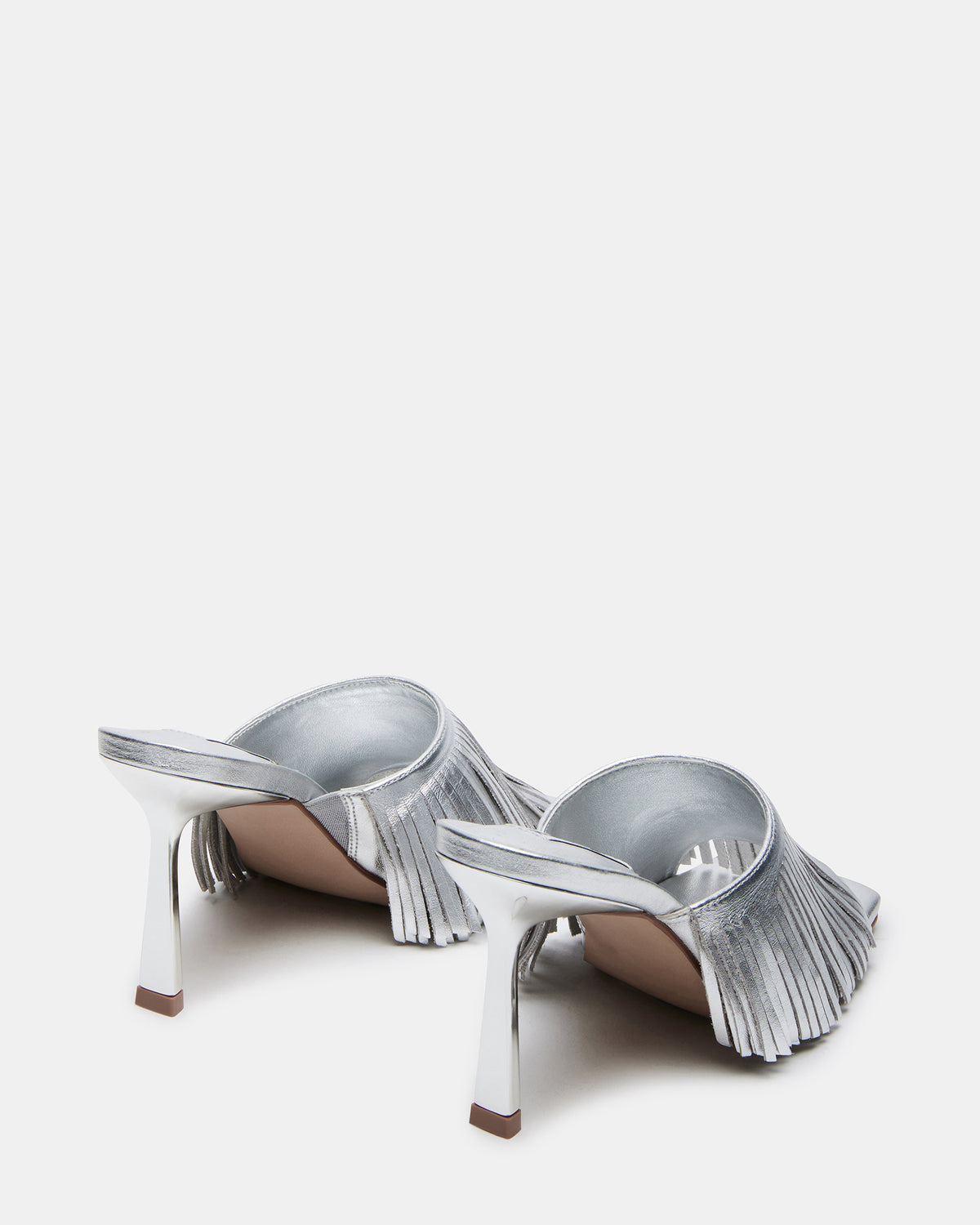MORINA Silver Leather Square-Toe Stiletto Mule Fringe Heel | Women's Heels | Steve Madden Essential