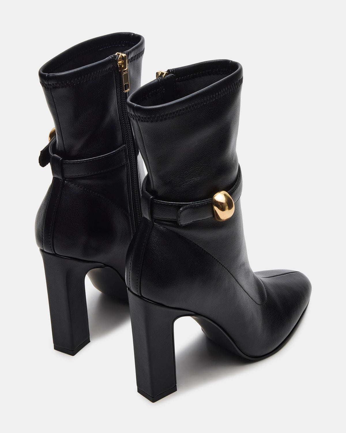AROMA Black Buckle Gold Detail Block Heel Women's Ankle Boot | Steve Madden Special Offer