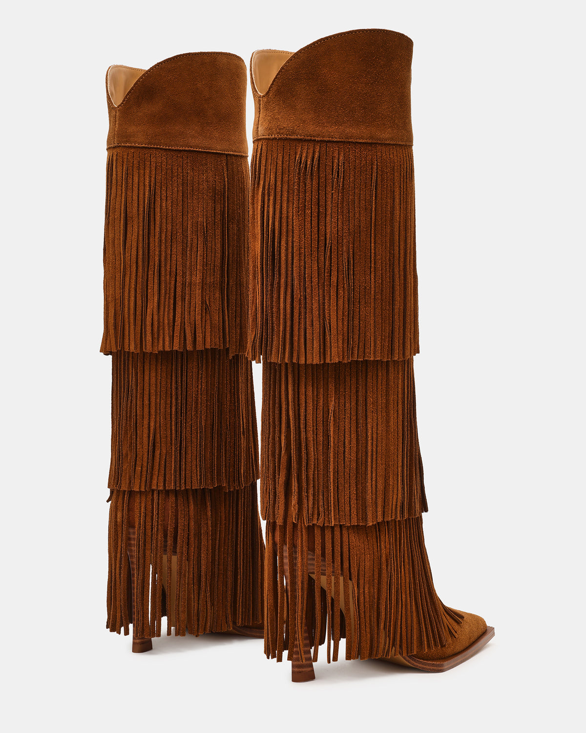 KINZEE Fringe Chestnut Suede Pointed-Toe Knee-High Western Stiletto Women's Boot | Steve Madden Recommended