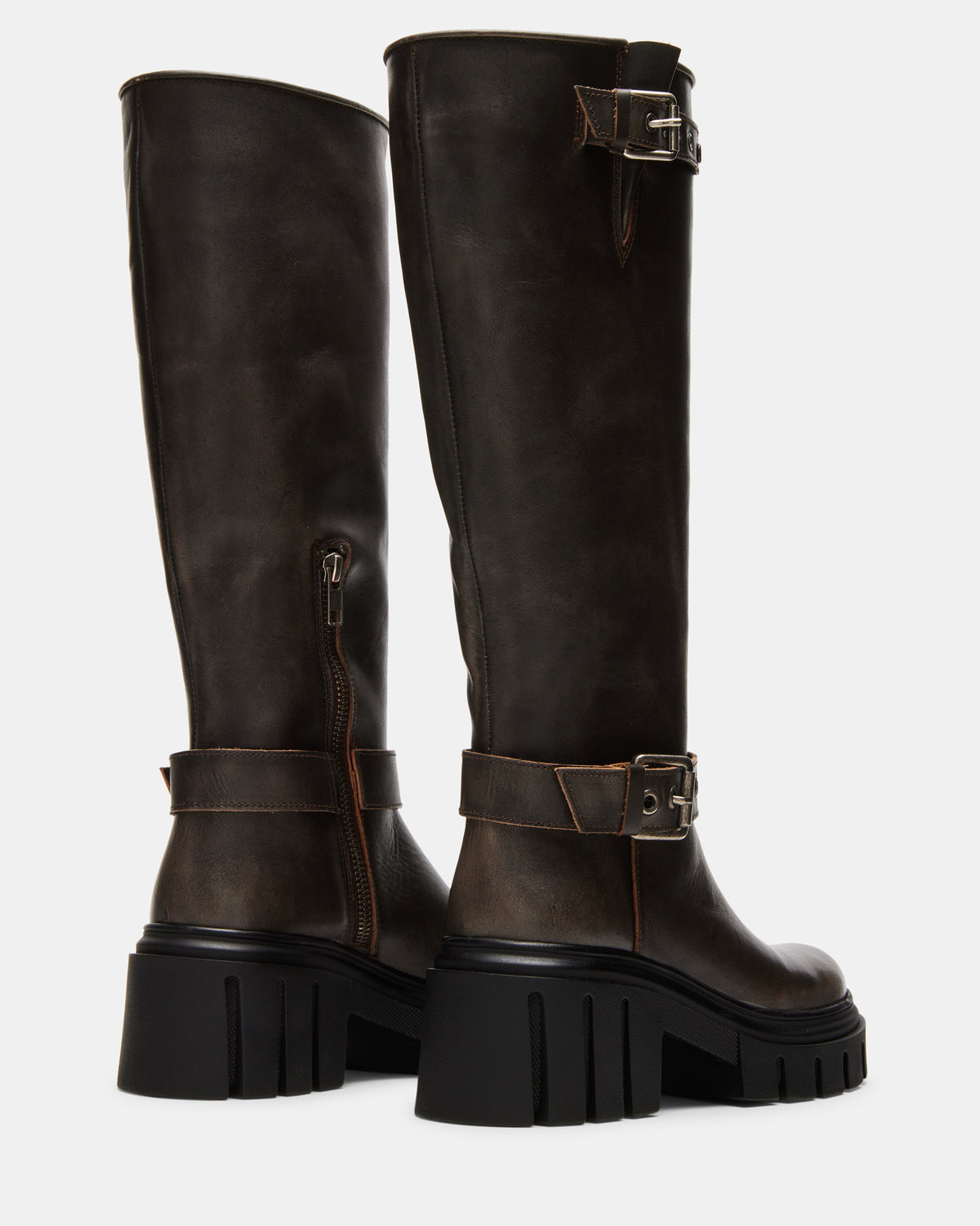 BRIGADE Brown Distressed Women's Knee-High Moto Lug Boot | Steve Madden Popular