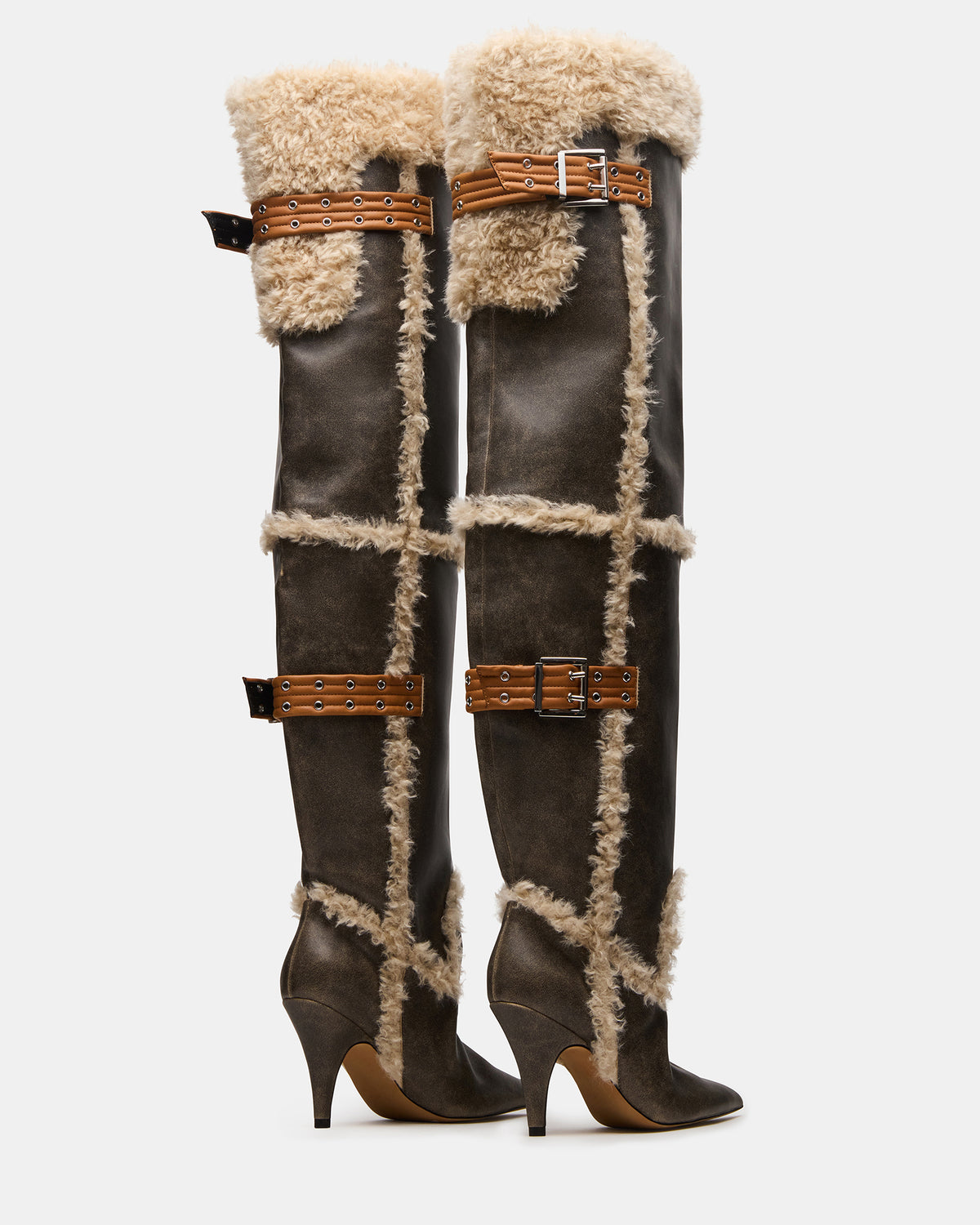BADDIE Faux Fur Brown Distressed Over-The-Knee Moto Women's Boot | Steve Madden Premium