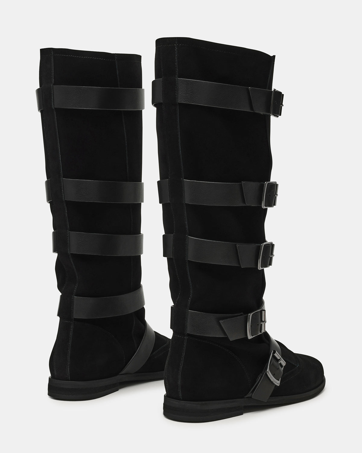 INDIO Black Suede Buckle Strap Knee-High Round-Toe Women's Boot | Steve Madden Top Pick