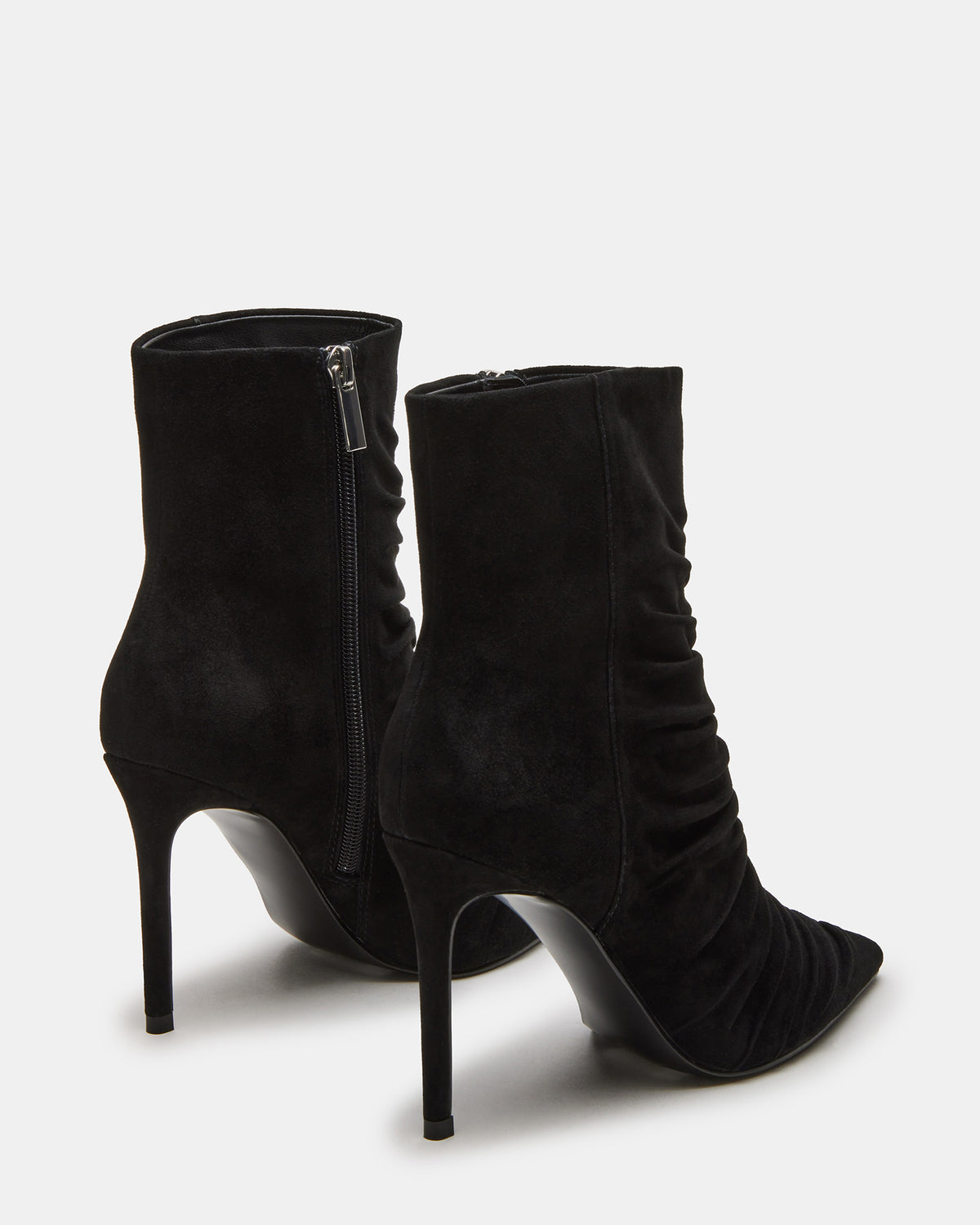 TEASE Black Suede Ruched Pointed Toe Ankle Boot | Women's Booties | Steve Madden Latest