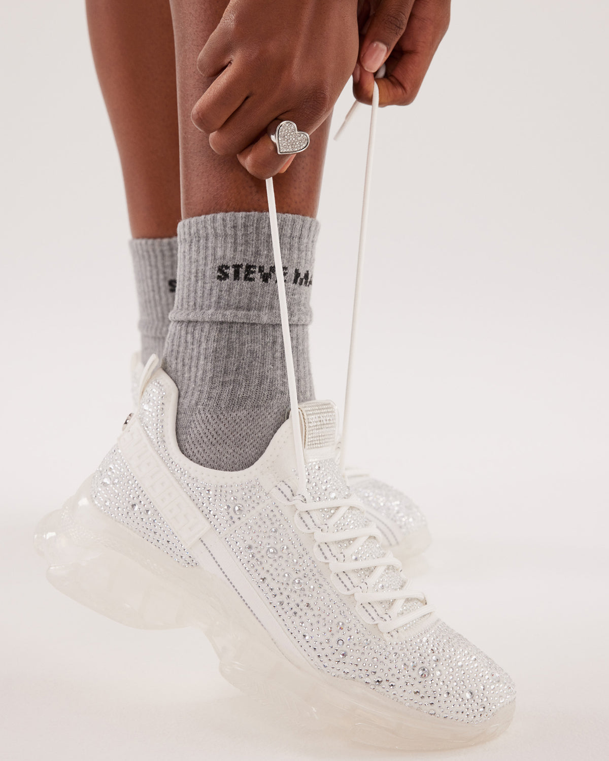 MAXIMA White Rhinestones Sneakers | Women's Sneakers | Steve Madden Quality