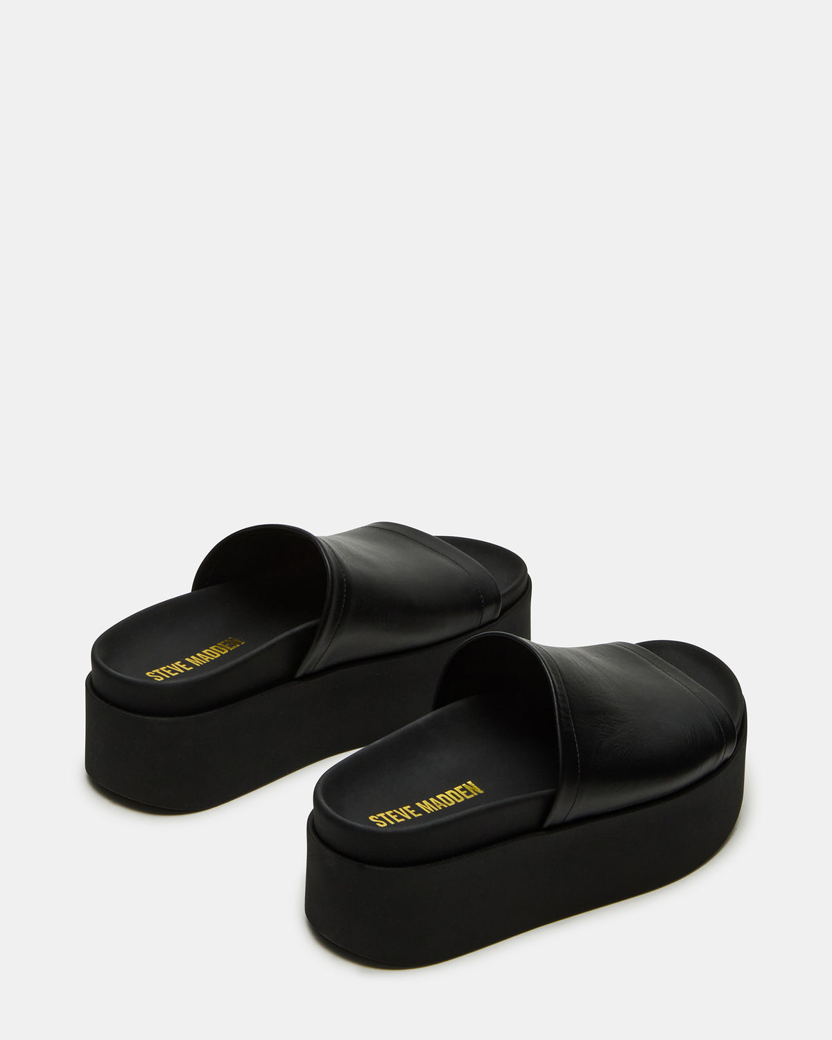 ARWEN Black Leather Women's Platform Footbed Slide Chunky Sandal | Steve Madden New