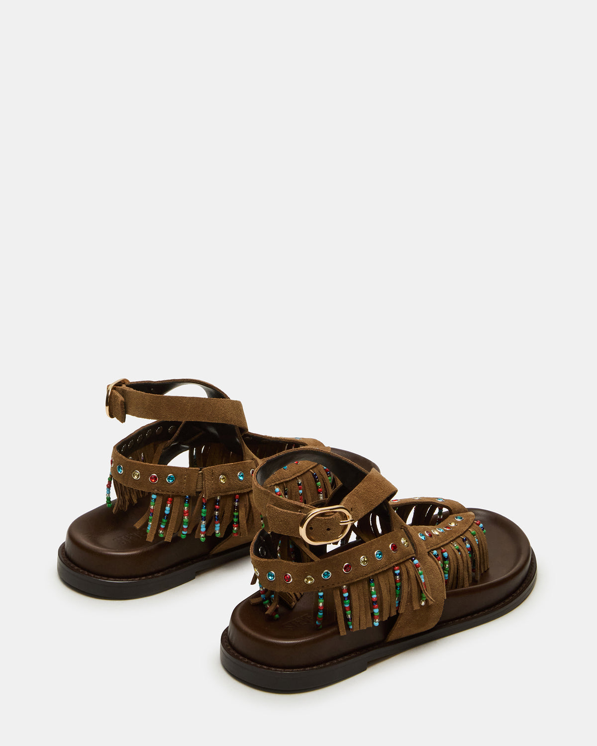 WENDELL Chestnut Suede Beaded Flatform Footbed Strappy Fringe Women's Sandal | Steve Madden Deals