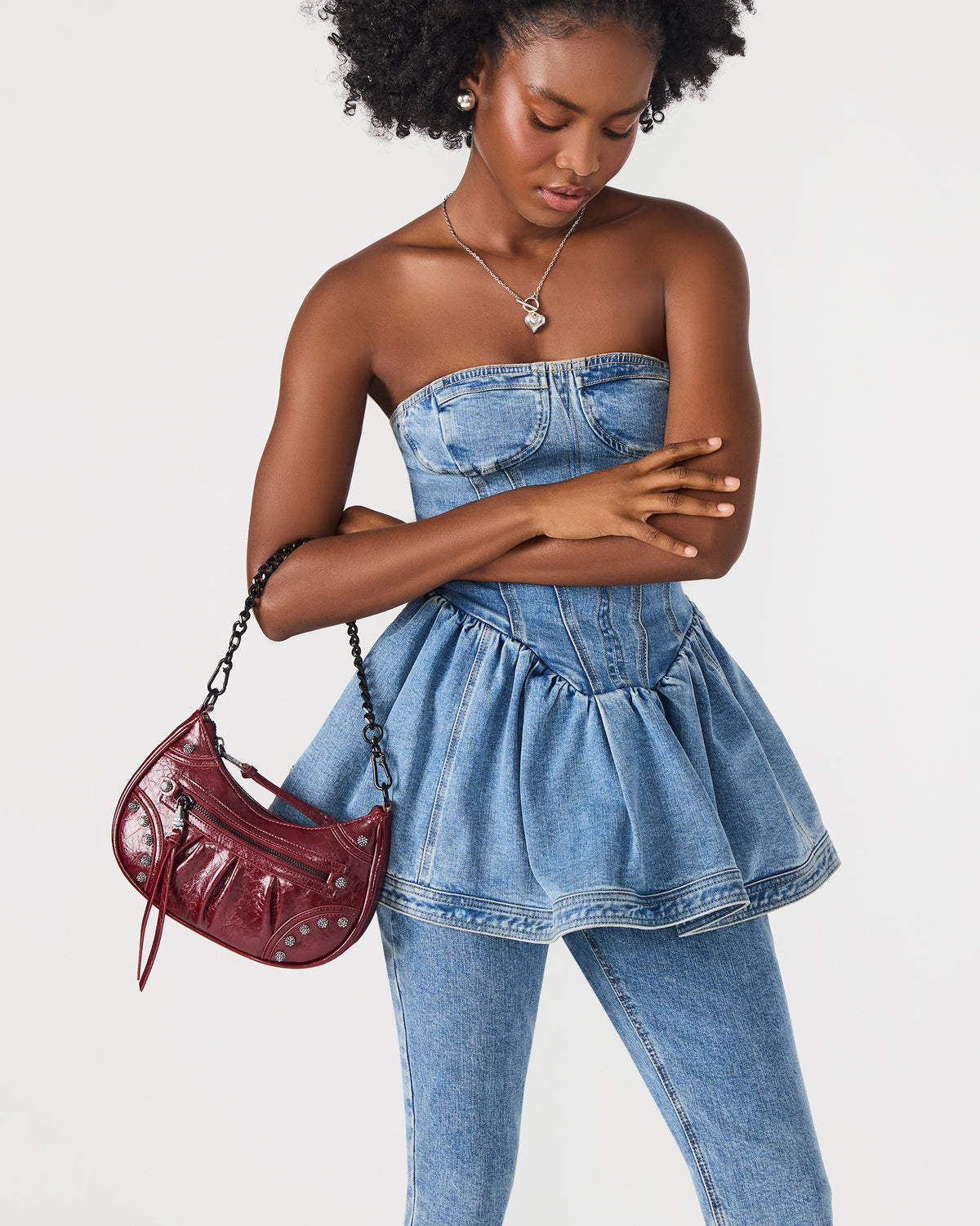 ERIKA Bag Black Rhinestone Embellished Studded Crinkle Moto Crossbody Handbag | Steve Madden Discount