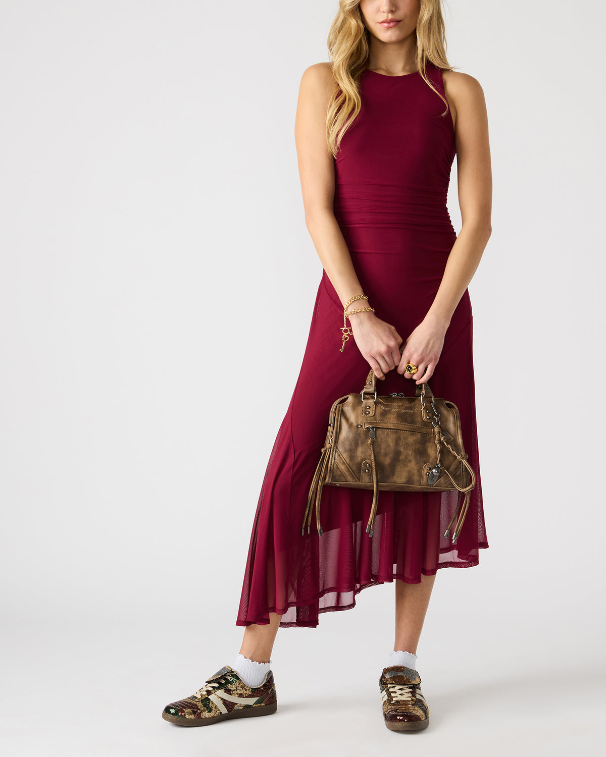 RIGGS Brown Distressed Slouchy Top-Handle Crossbody Satchel Handbag | Steve Madden Quality