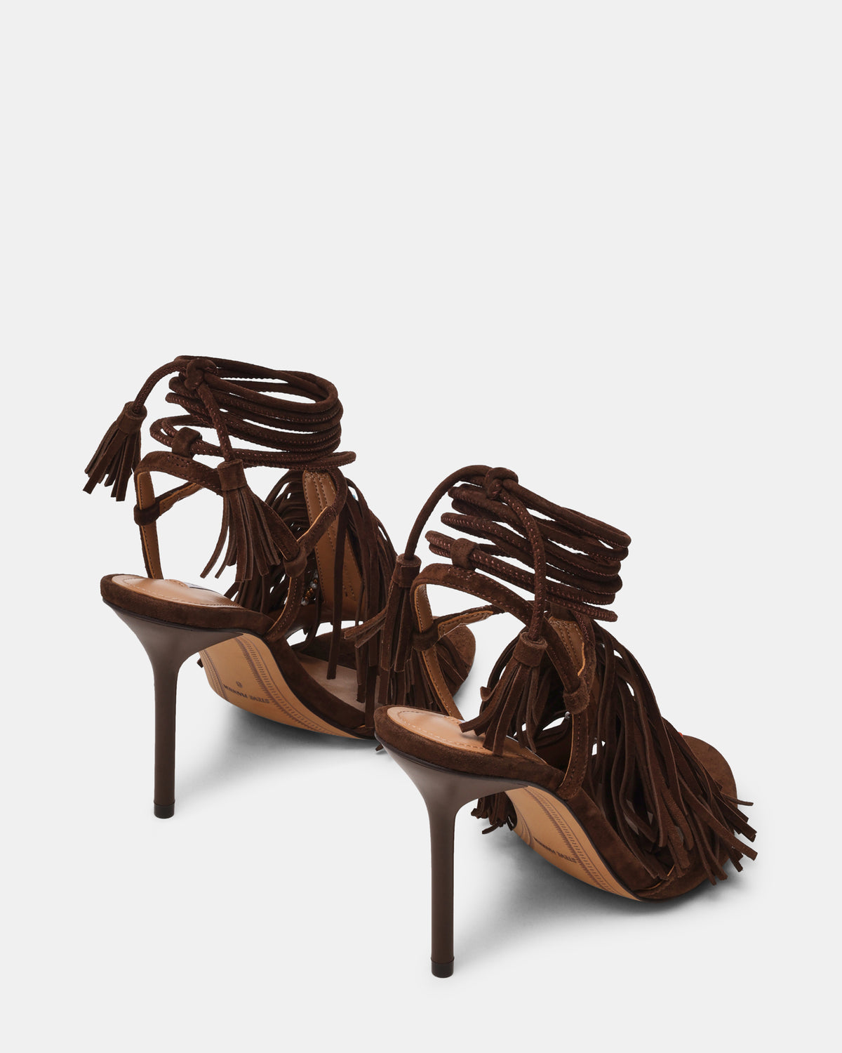 TALIA Brown Suede Fringe Beaded Stiletto Strappy Leg-Ties Women's Heel | Steve Madden Deals