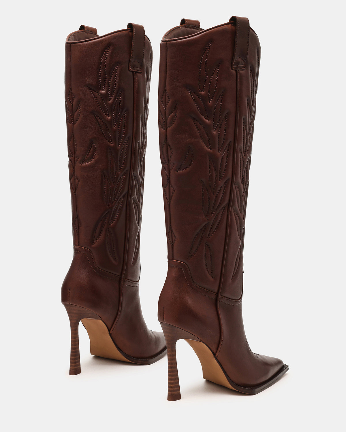 KINZEE Brown Leather Pointed-Toe Knee-High Western Stiletto Women's Boot | Steve Madden Trusted