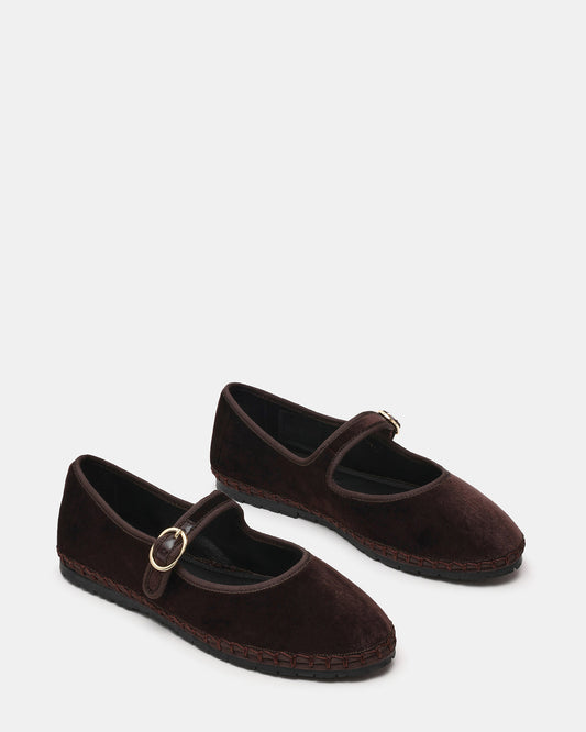 VELMA Brown Velvet Mary Jane Gold-Detail Buckle Women's Flat | Steve Madden Essential