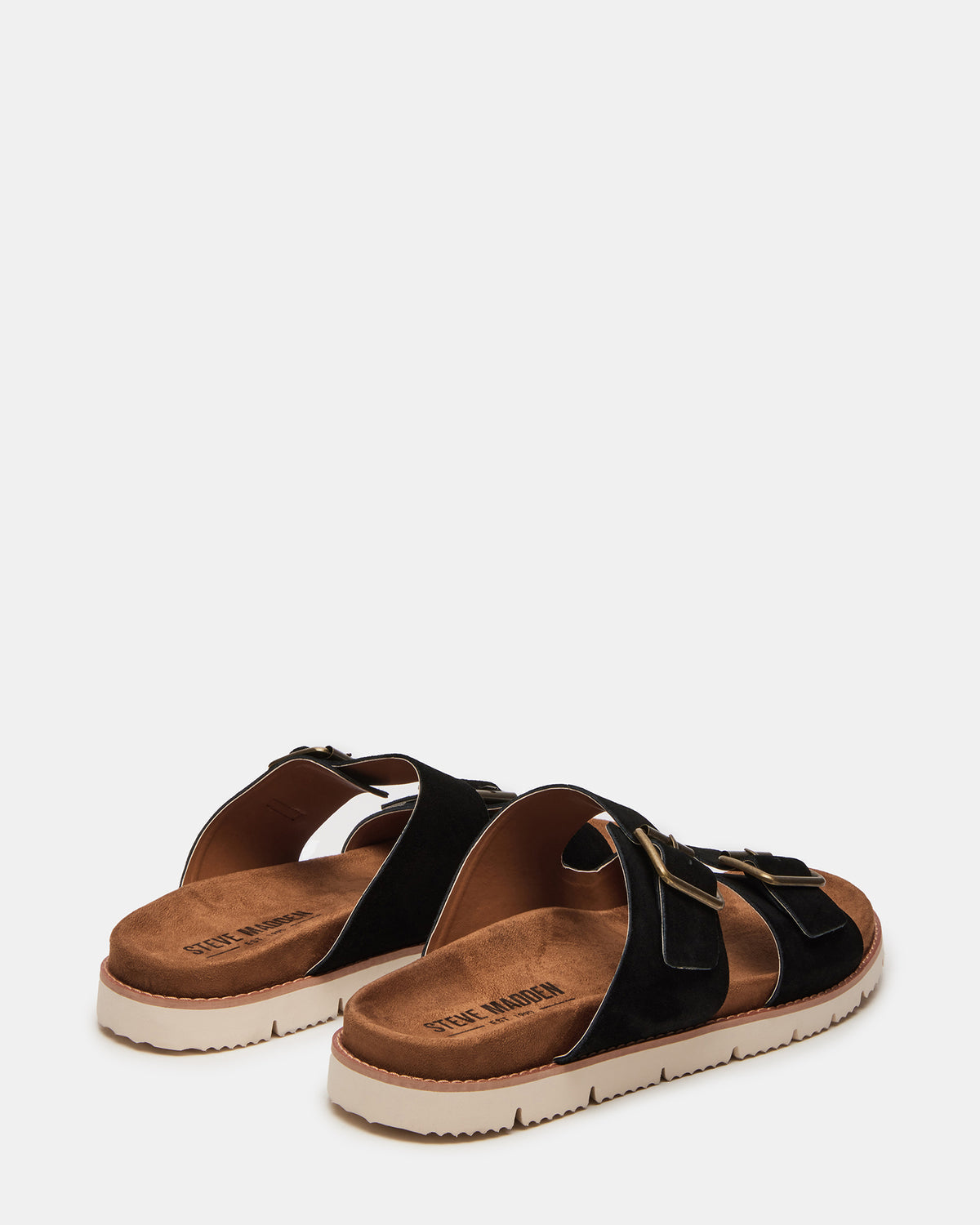 CORBAN Black Suede Men's Double Buckle Closure Footbed Sandal | Steve Madden Essential