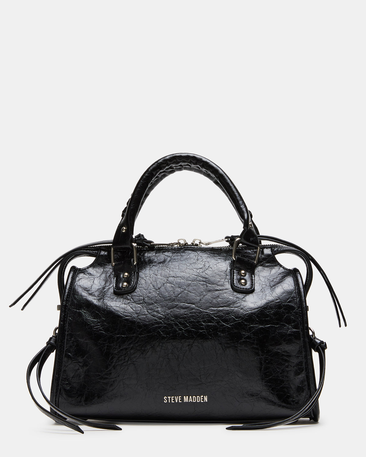 RIGGS Bag Embellished Black Distressed Slouchy Top-Handle Crossbody Satchel Handbag | Steve Madden Essential