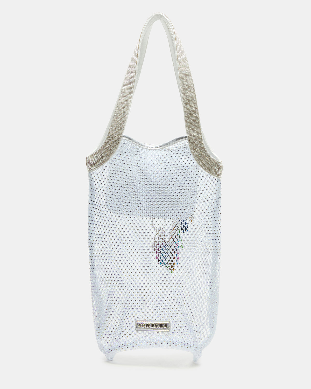 MAKIA White Women's Crystal Rhinestone Shoulder Strap Net Tote Handbag | Steve Madden Latest