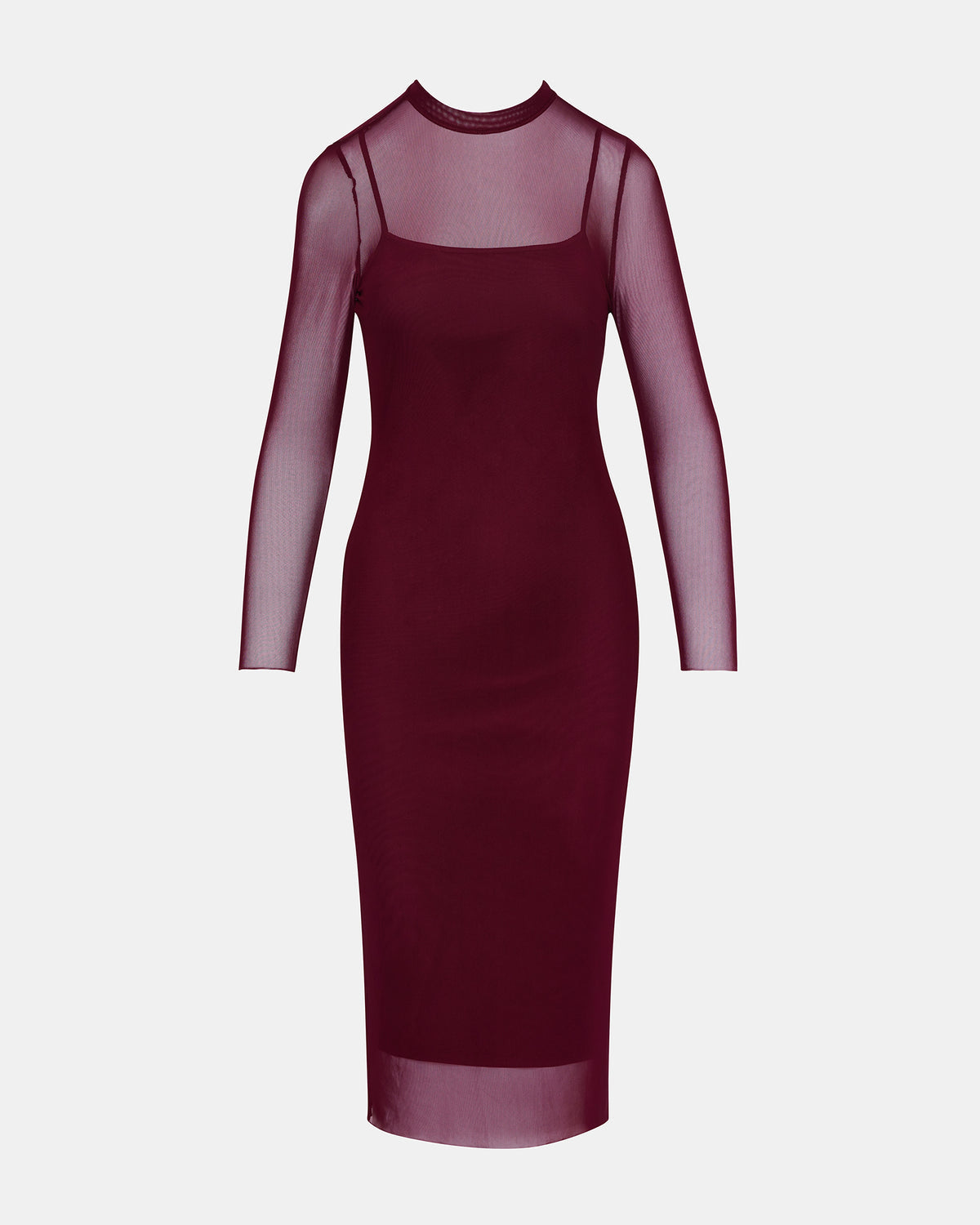 HAILEE Wine Long-Sleeved Mesh Pull-On Mock Neck Midi Women's Dress | Steve Madden Smart Buy