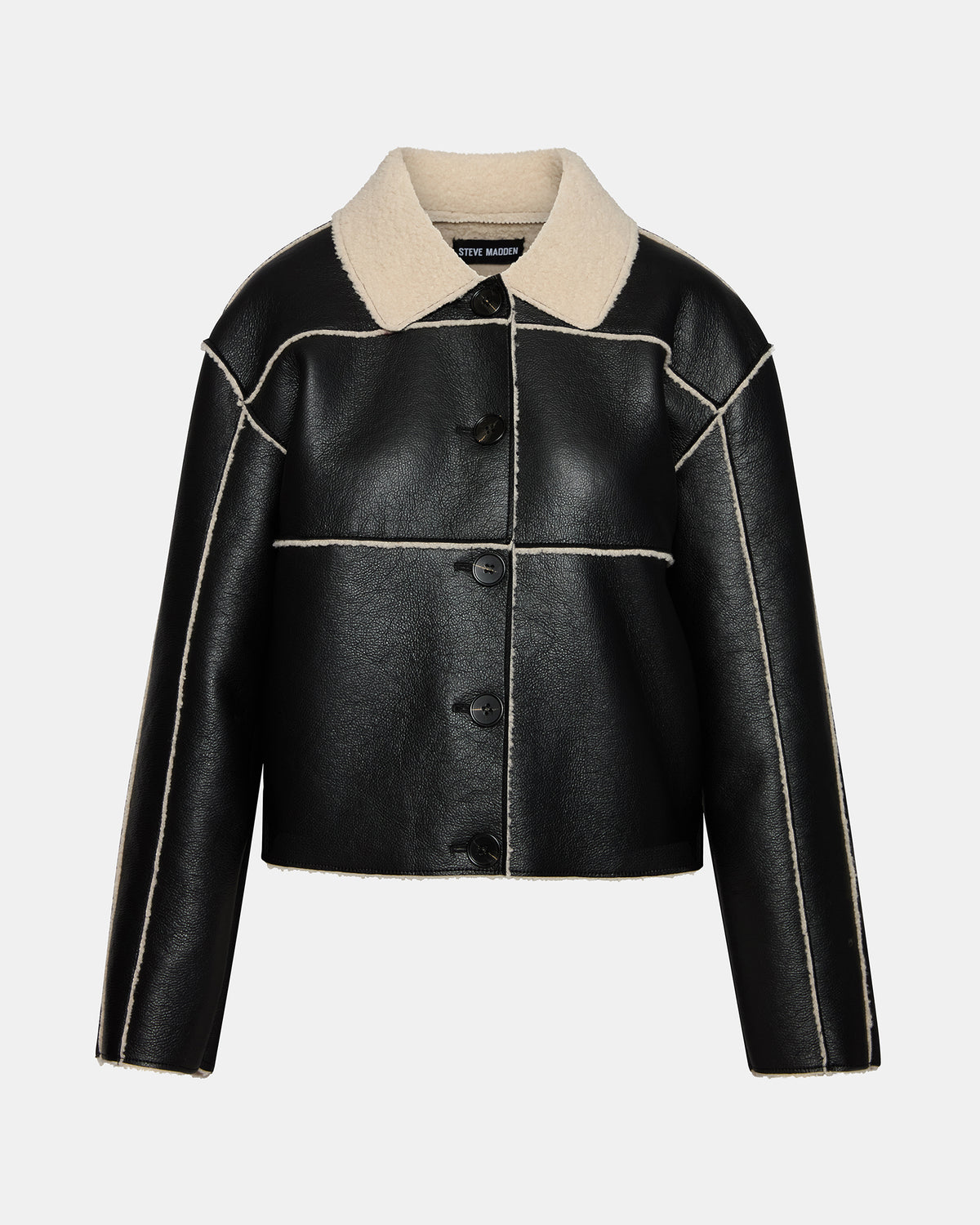TILIA Black Long-Sleeved Faux Leather Button-Up Faux Fur Women's Coat | Steve Madden Everyday