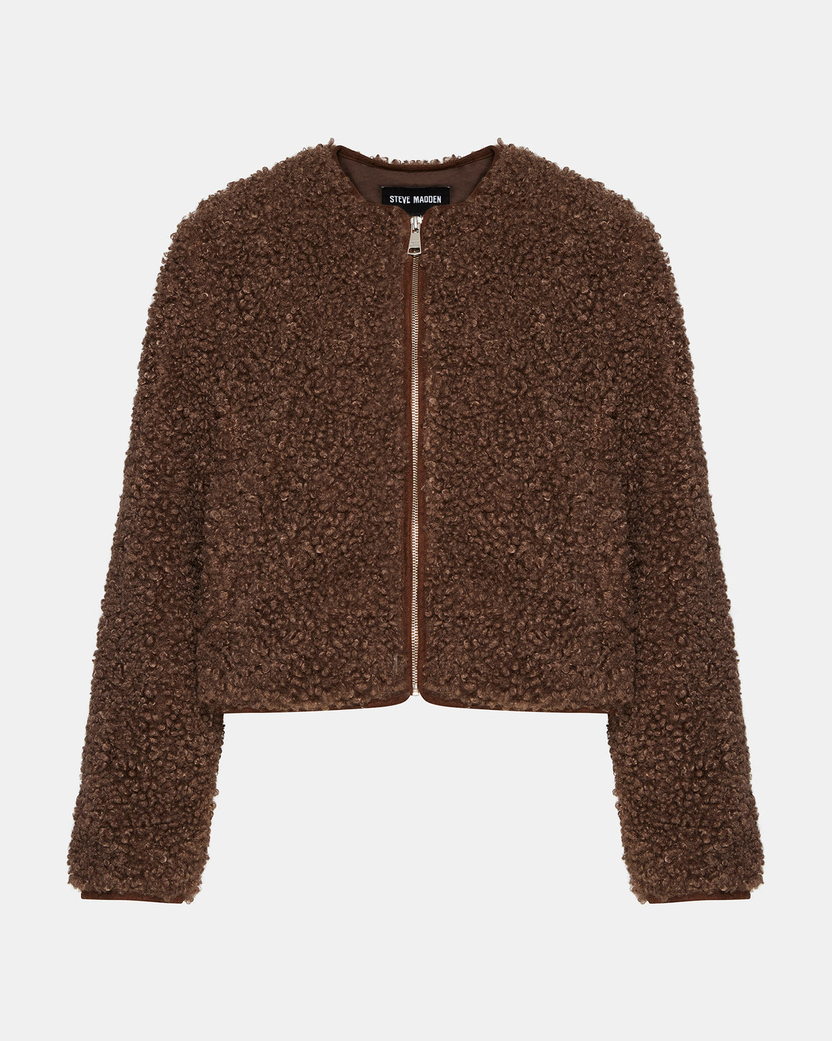 TEDDY Jacket Brown | Women's Collarless Sherpa Jacket | Steve Madden Essential