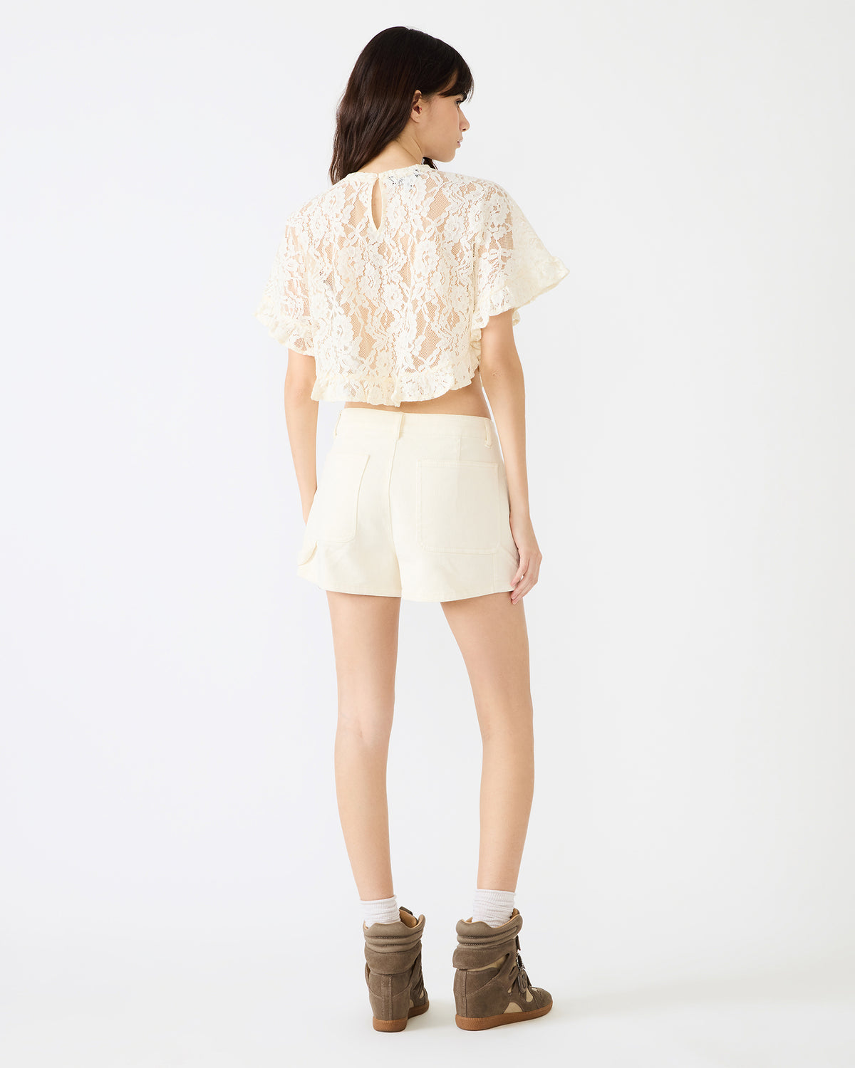CALLUM Cream Short-Sleeved Mesh Lace Cropped Women's Top | Steve Madden Top Pick