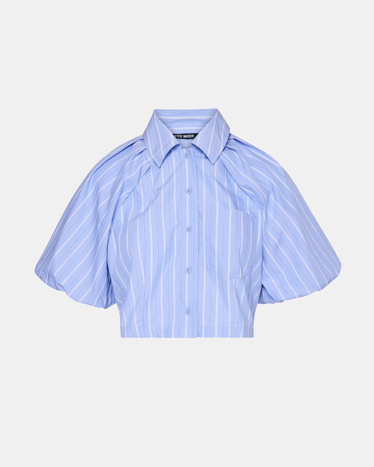 REECE Soft Blue Button-Up Collared Bubble Sleeve Women's Top | Steve Madden New