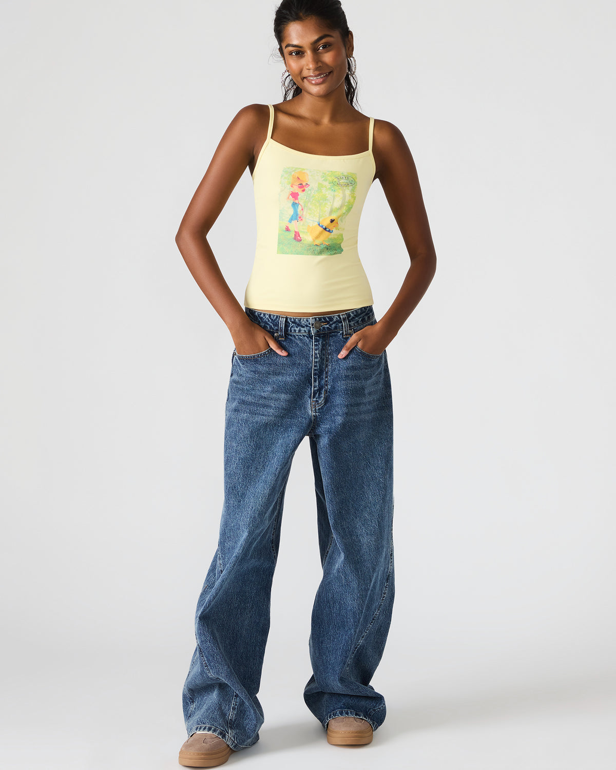 GOLDIE Pale Yellow Sleeveless Graphic Women's Tank Top | Steve Madden Smart Buy