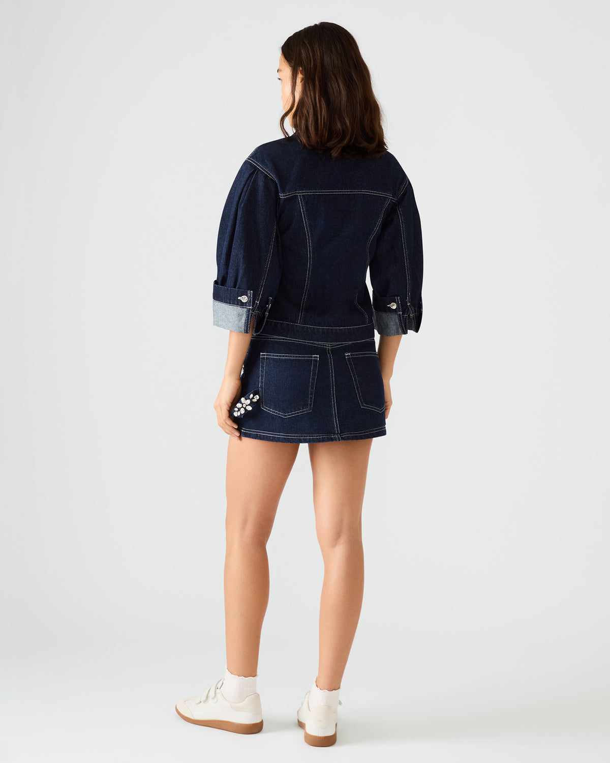 BRIELLIA Bijou Blue Denim Rhinestone Embellished Mini Women's Skirt | Steve Madden New