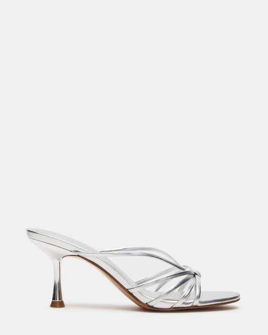 EDNA Silver Leather Strappy Mule Women's Heel | Steve Madden Sale