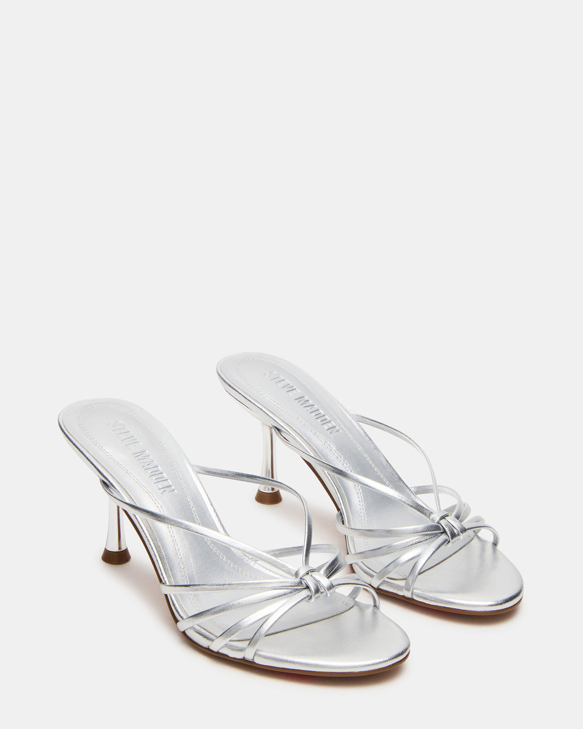EDNA Silver Leather Strappy Mule Women's Heel | Steve Madden Sale
