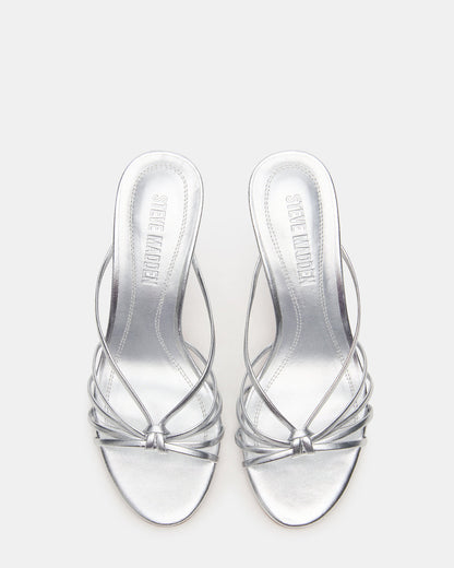 EDNA Silver Leather Strappy Mule Women's Heel | Steve Madden Sale