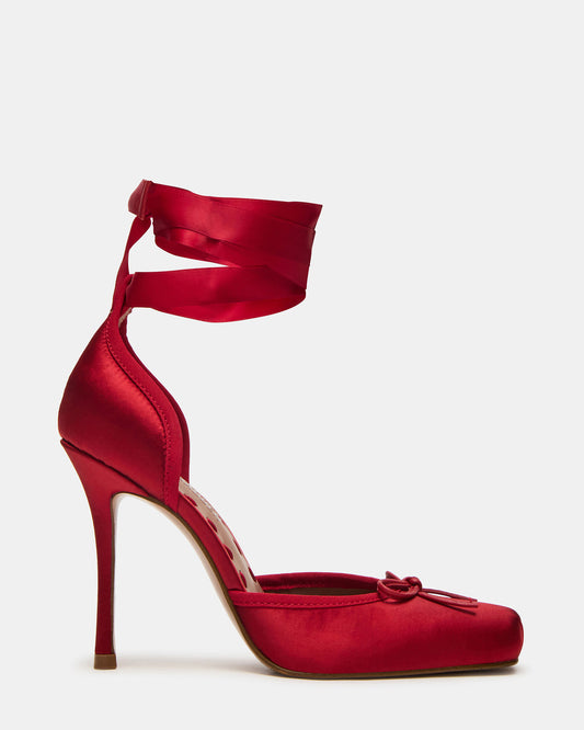 LARINA Red Satin Square-Toe Stiletto Pump Lace-Up Women's Heel | Steve Madden Sale