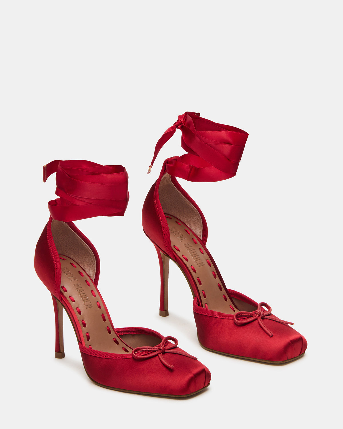 LARINA Red Satin Square-Toe Stiletto Pump Lace-Up Women's Heel | Steve Madden Sale