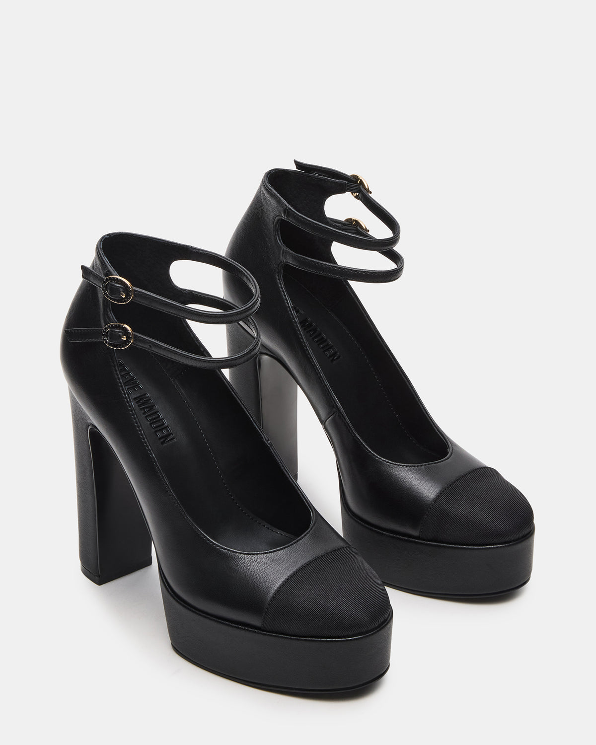 PEYTON Black Leather Block Heel Platform Women's Heel | Steve Madden Everyday
