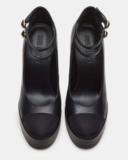 PEYTON Black Leather Block Heel Platform Women's Heel | Steve Madden Everyday