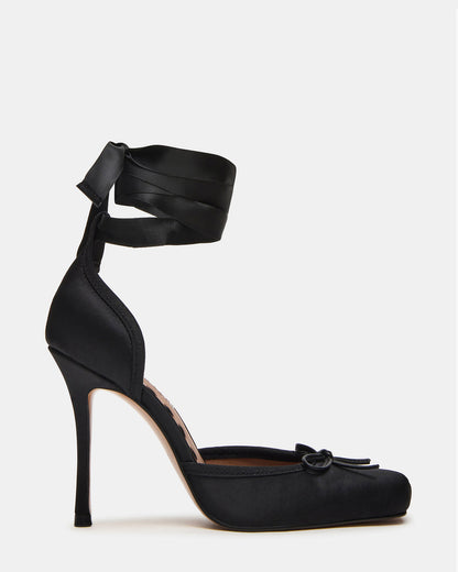 LARINA Black Satin Square-Toe Stiletto Pump Lace-Up Women's Heel | Steve Madden Classic