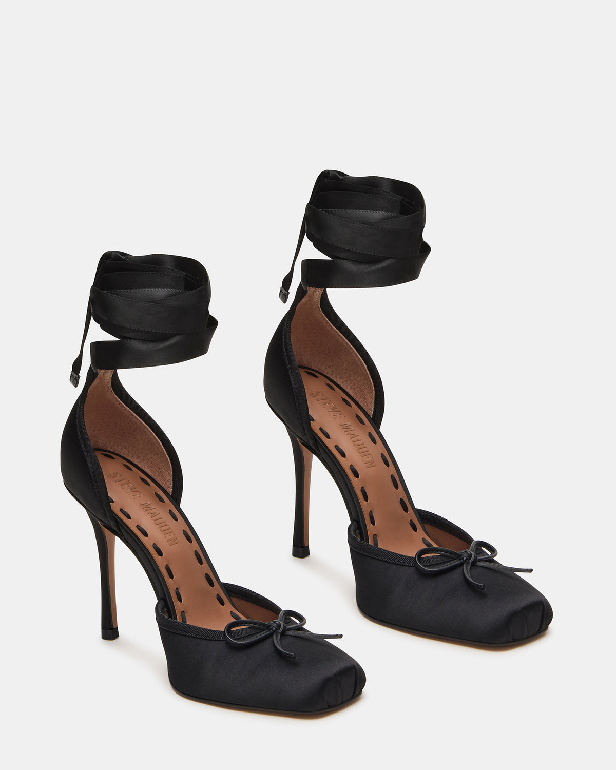 LARINA Black Satin Square-Toe Stiletto Pump Lace-Up Women's Heel | Steve Madden Classic