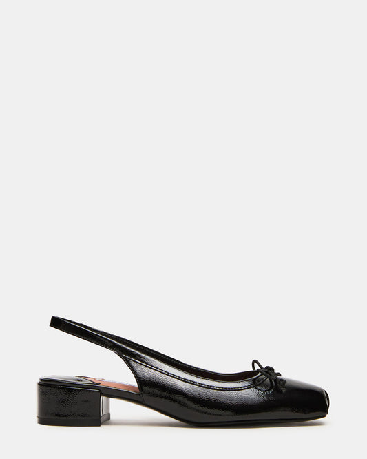 LOVED Black Crinkle Patent Square-Toe Slingback Ballet Women's Heel | Steve Madden New