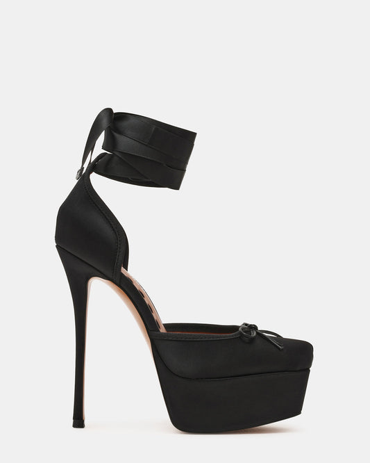 LISTEN Black Satin Stiletto Pump Lace-Up Women's Heel | Steve Madden Discount