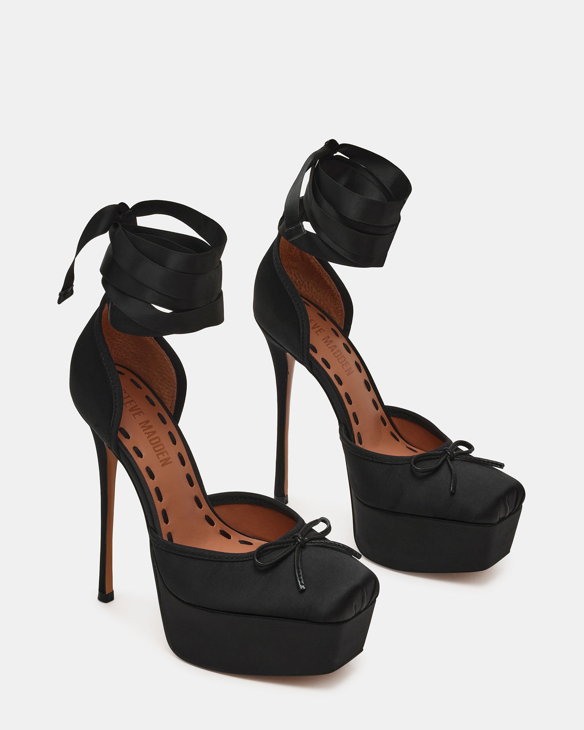 LISTEN Black Satin Stiletto Pump Lace-Up Women's Heel | Steve Madden Discount