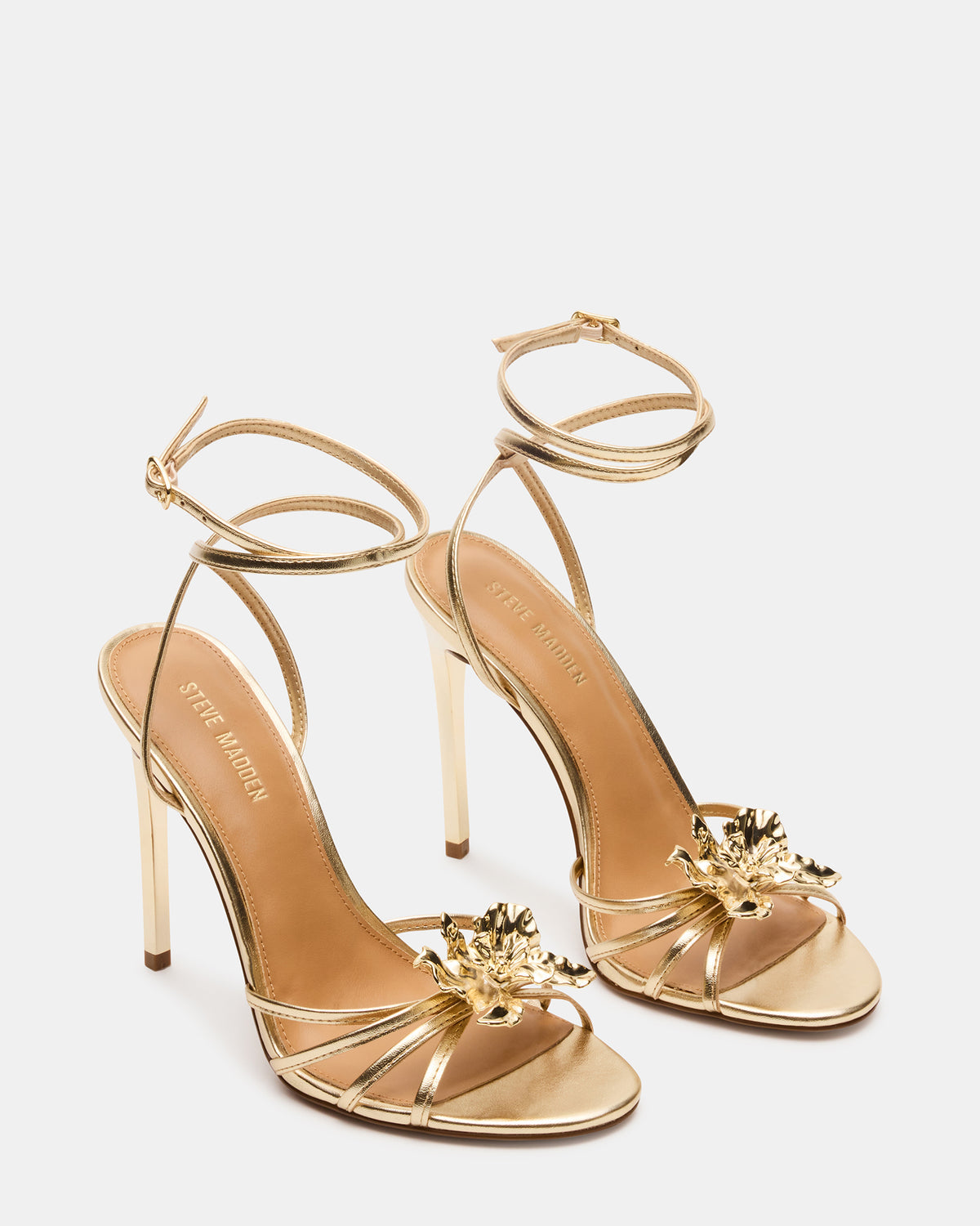 SWIRL Gold Strappy Stiletto Flower Women's Heel | Steve Madden Classic