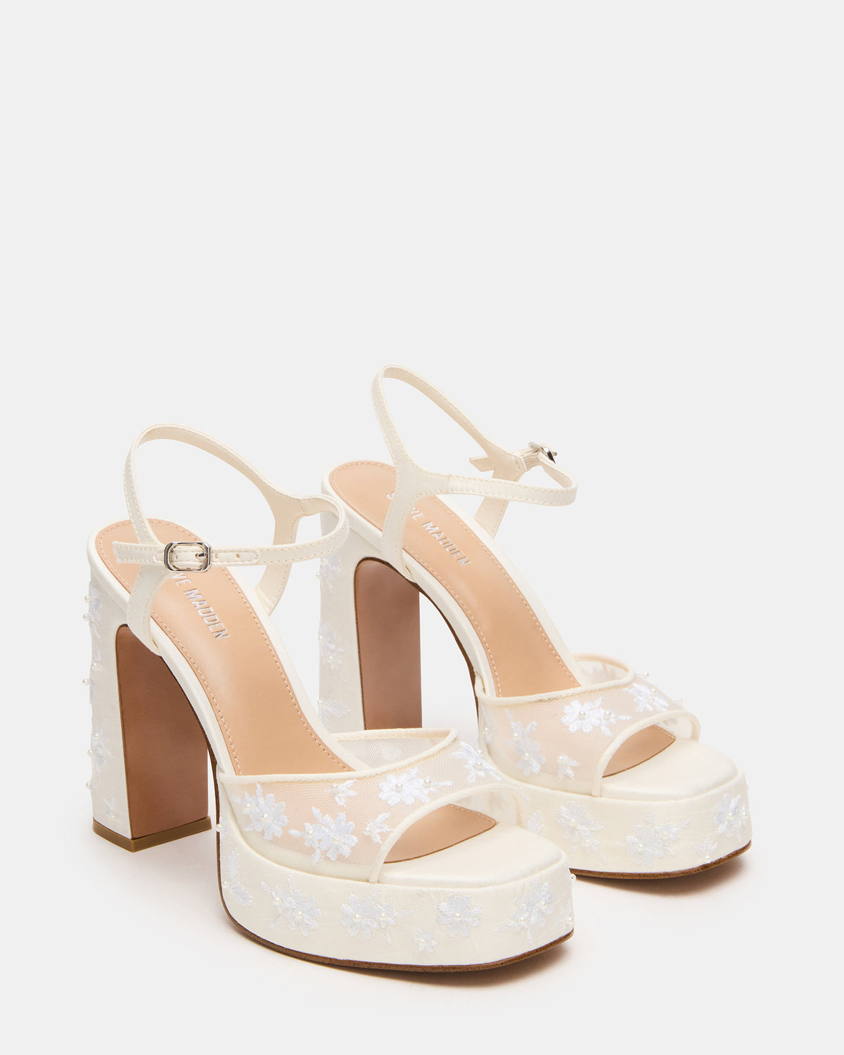 LIANDRA Embellished White Mesh Platform Square-Toe Strappy Women's Heel | Steve Madden New