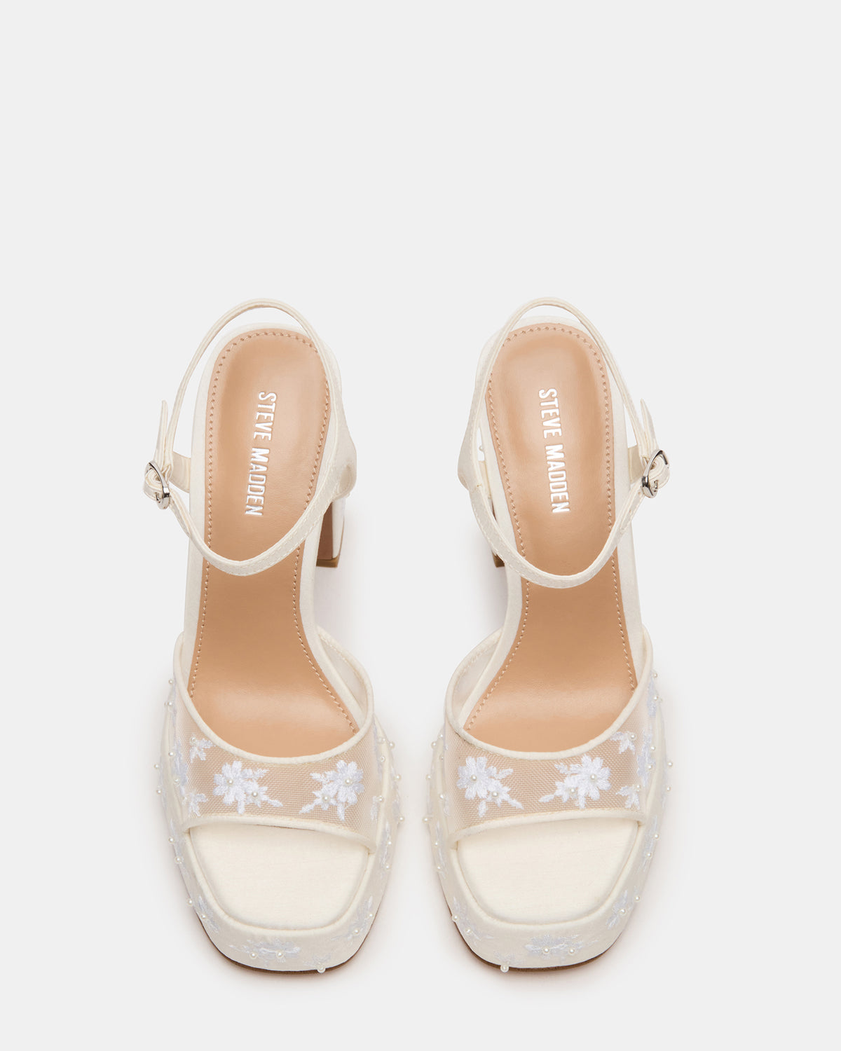 LIANDRA Embellished White Mesh Platform Square-Toe Strappy Women's Heel | Steve Madden New