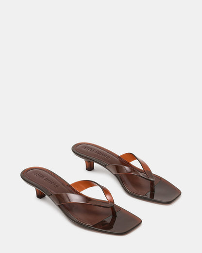 TRACIE Jelly Dark Brown Thong Strap Women's Kitten Heel | Steve Madden Essential