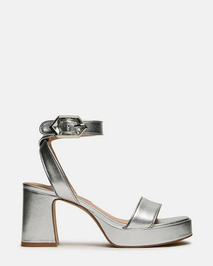 ELIDA Silver Leather Ankle Strap Platform Women's Block Heel | Steve Madden Featured