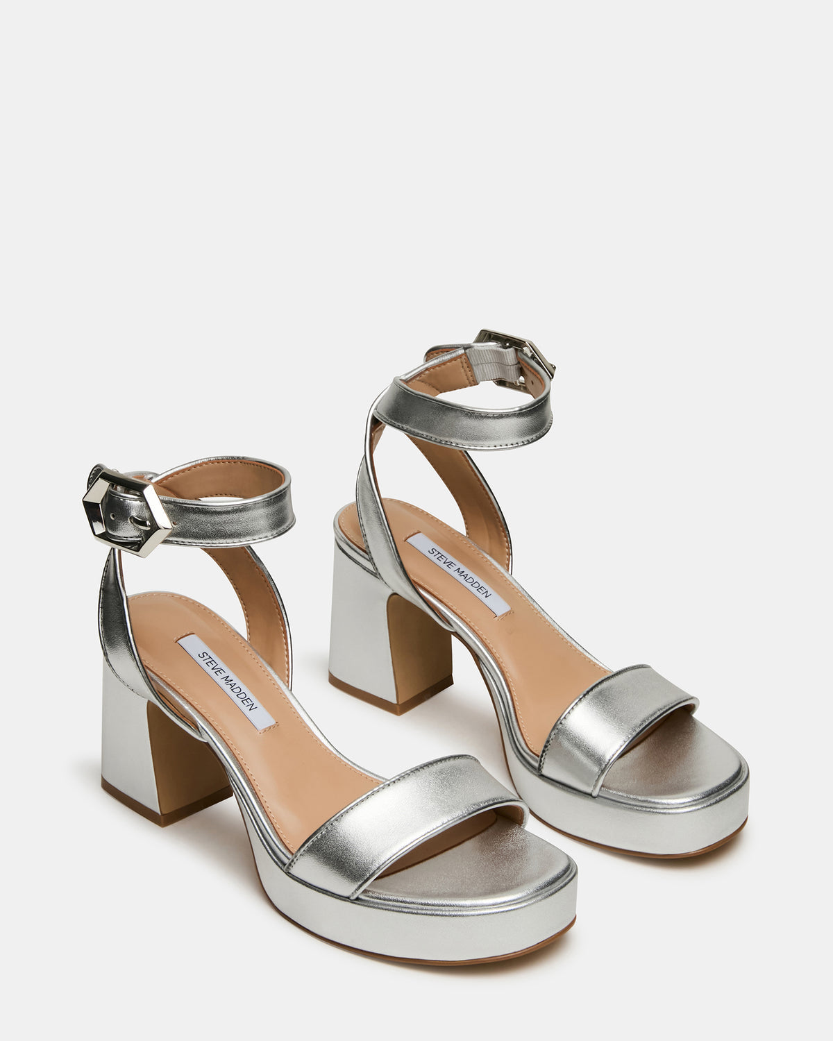 ELIDA Silver Leather Ankle Strap Platform Women's Block Heel | Steve Madden Featured