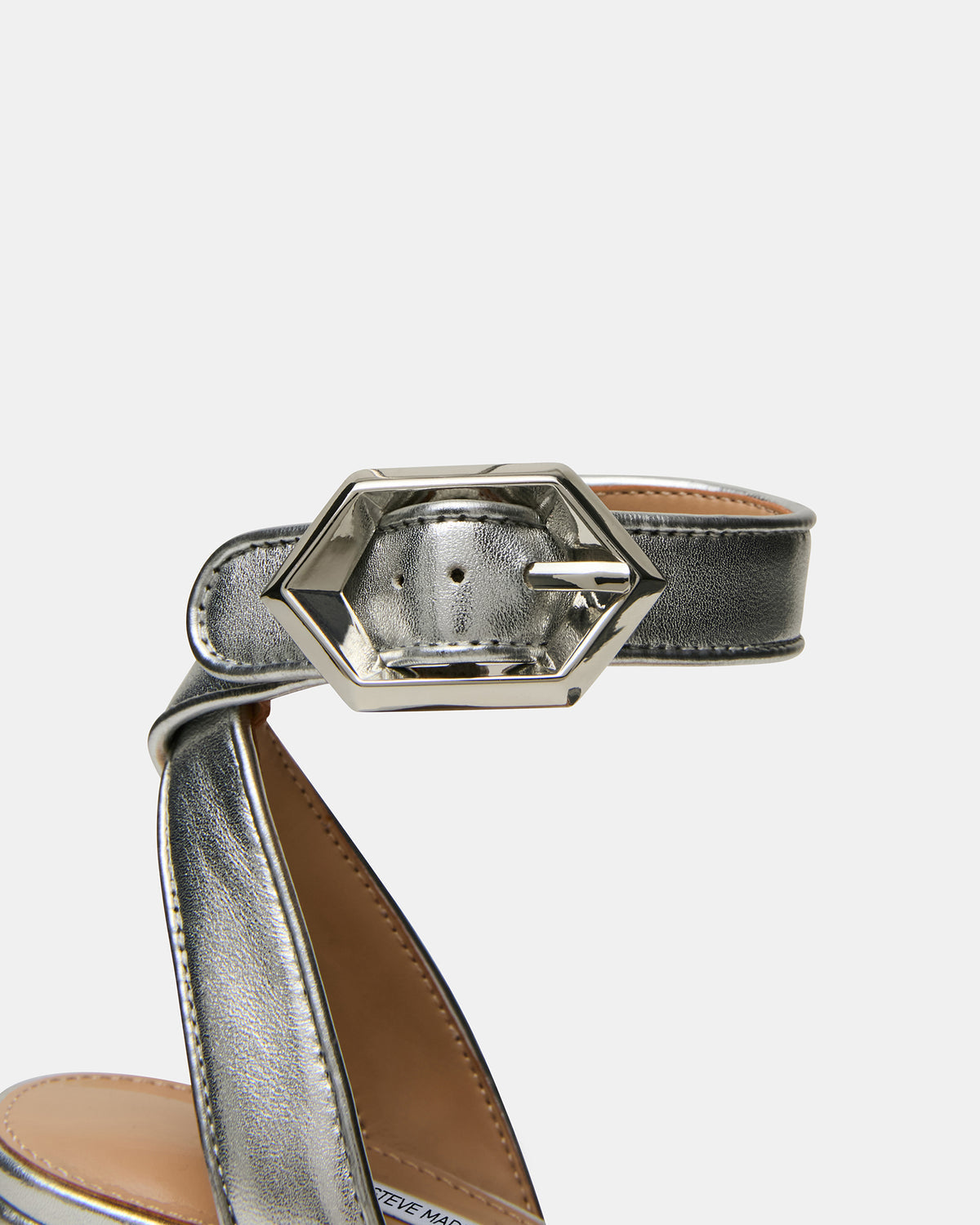 ELIDA Silver Leather Ankle Strap Platform Women's Block Heel | Steve Madden Featured