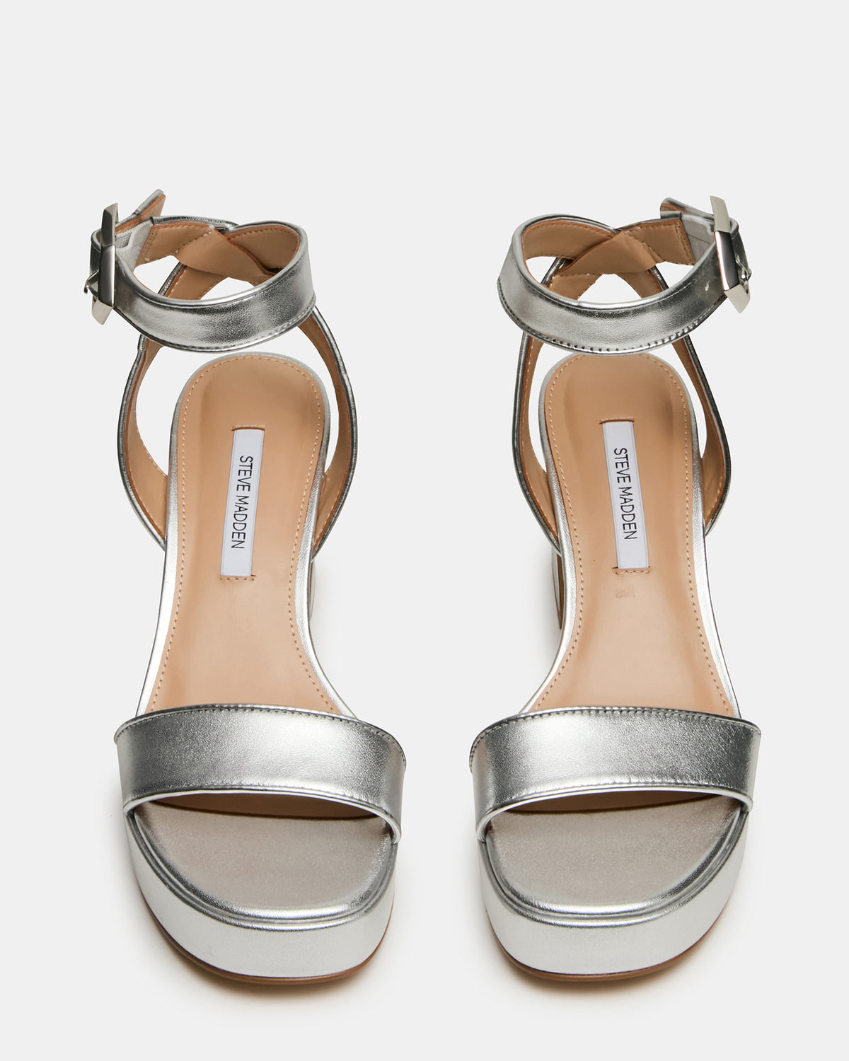 ELIDA Silver Leather Ankle Strap Platform Women's Block Heel | Steve Madden Featured
