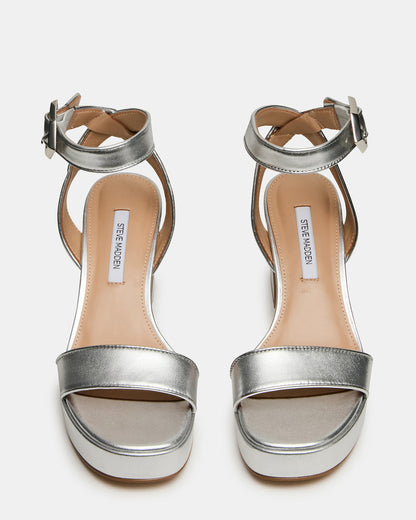 ELIDA Silver Leather Ankle Strap Platform Women's Block Heel | Steve Madden Featured