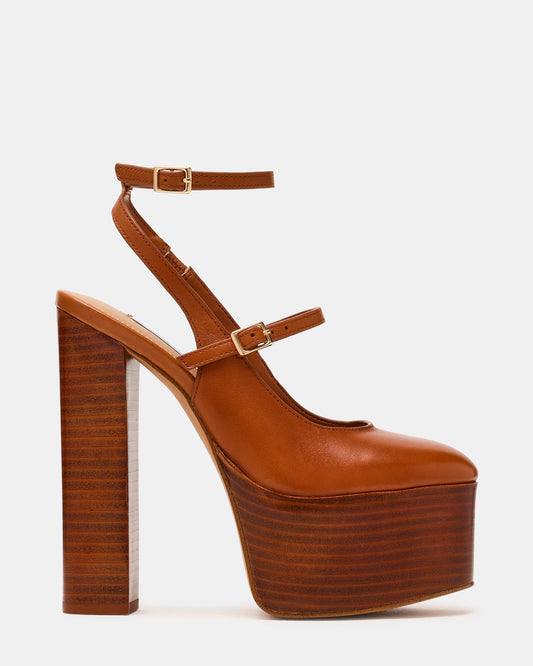 SCOTLYN Stacked Tan Leather Mary-Mary Platform Women's Block Heel | Steve Madden New