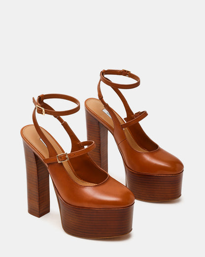 SCOTLYN Stacked Tan Leather Mary-Mary Platform Women's Block Heel | Steve Madden New