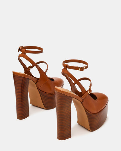 SCOTLYN Stacked Tan Leather Mary-Mary Platform Women's Block Heel | Steve Madden New